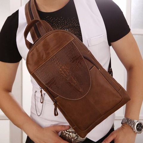 Mochila de pecho de cuero genuino para hombre, bolsa de hombro con diseño Retro de cocodrilo, Cuero de vaca Real, bandolera multiusos ► Foto 1/6