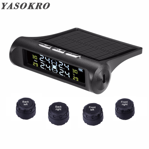 YASOKRO-Monitor de alarma de presión de neumáticos para coche, sistema de carga Solar, pantalla LCD, 4 sensores externos, Sensor de temperatura ► Foto 1/6
