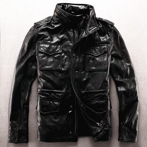 Abrigo militar de piel auténtica para hombre, chaqueta de piel de vaca, talla grande ► Foto 1/1