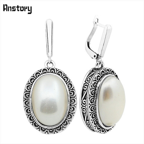 Big Oval perla pendientes para las mujeres Vintage plateado plata antigua de La Flor colgante de joyería de moda ► Foto 1/6