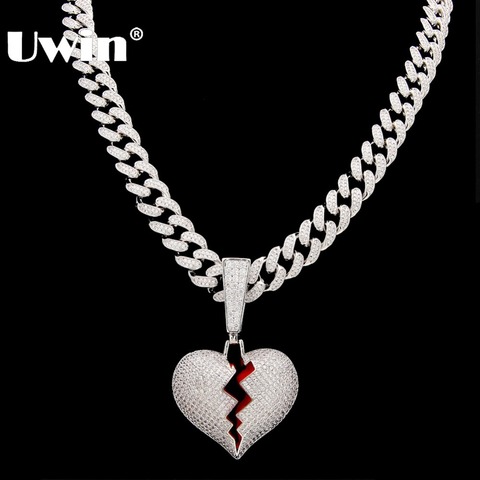 Uwin-collar con colgante de corazón roto, cadena de eslabones cubanos de circonia cúbica de 13mm, joyería de lujo con diamantes de hip hop ► Foto 1/6