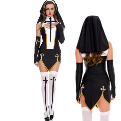 Alta calidad nuevo disfraz de monja Sexy adulto Cosplay vestido de negro con capucha para Halloween hermana traje Cosplay parte ► Foto 1/4