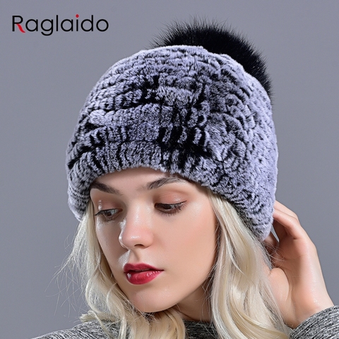 Gorro de pelo de conejo para mujer, pompón de pelo de conejo, chaleco de piel de invierno, gorros de punto cálidos para niña, gorros elásticos a la moda para mujer ► Foto 1/6