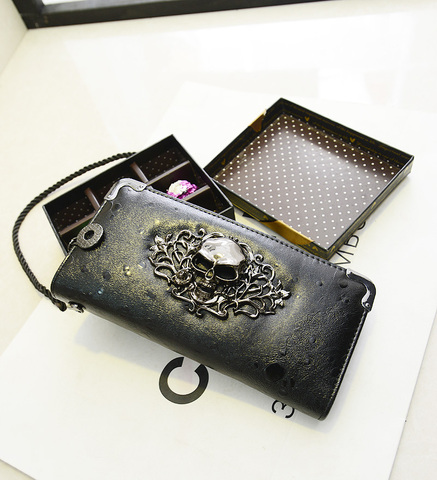 Cartera Vintage de cuero con calavera para mujer y niña, bolso de mano largo, billetera de mano con cremallera, soporte para iphone, envío gratis ► Foto 1/1