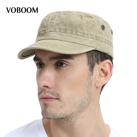 Voboom verano otoño Militar Cap hombres mujeres algodón lavado superior plana sombrero del ejército con agujero de aire ajustable 162 ► Foto 1/6