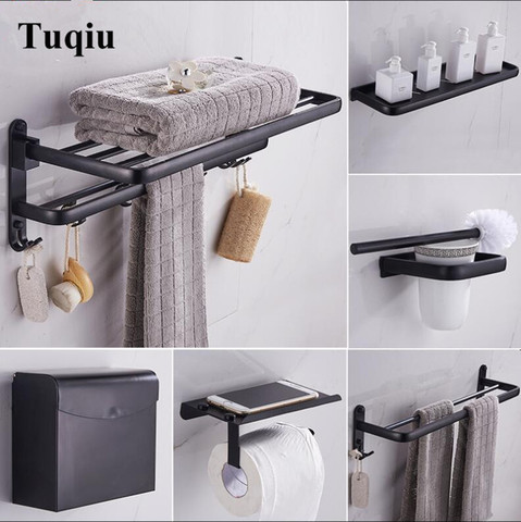 Conjunto de accesorios de baño de aluminio negro, conjuntos de herramientas de baño, toallero, soporte de papel, soporte para escobilla de inodoro, ganchos para Bata ► Foto 1/1