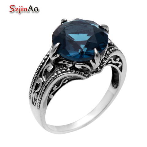 Szjinao-Anillo de Plata de Ley 925 para mujer, sortija de boda con flores de borde antiguo, de zafiro azul de princesa, venta al por mayor ► Foto 1/1