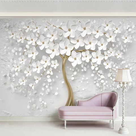 Murales de Papel pintado con foto 3D personalizados, decoración de pared para el hogar, Mural de Papel con flores blancas, árbol, sala de estar, sofá, TV, dormitorio ► Foto 1/6