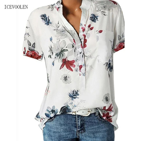 Elegante mujer impresión camisetas talla grande, casual Camisa de moda cuello pico camisa Blusa de manga corta ► Foto 1/6