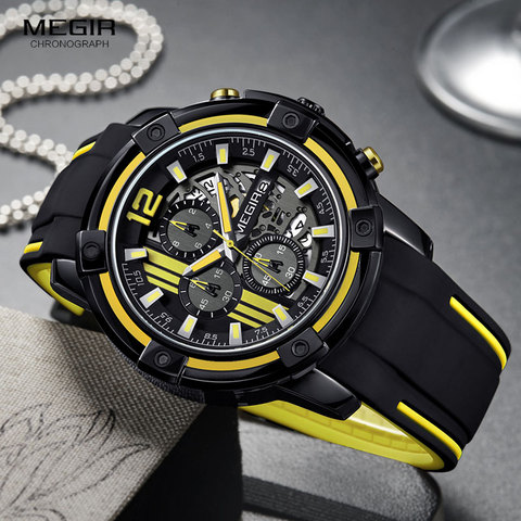 Megir-Reloj deportivo de cuarzo para hombre, cronógrafo amarillo con correa de silicona negra, manecillas luminosas, impermeable 3 atmósferas, código 2097 ► Foto 1/6