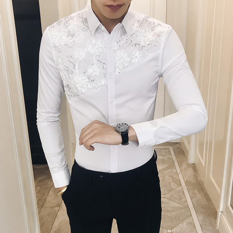 Primavera de 2022 hombres Sexy encaje de los hombres Camisa de manga larga marca nueva Camisa Masculina Slim Streetwear de esmoquin 3XL ► Foto 1/6