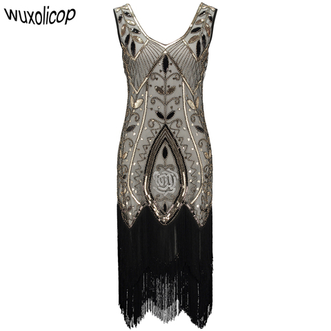 Las mujeres 1920 s vestido Art Deco, gran Gatsby vestido Vestidos de cuello en V sin mangas flor bordado niveles Fringe vestido de lentejuelas ► Foto 1/1