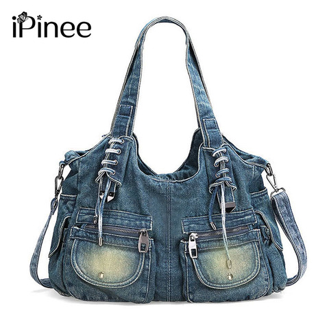 IPinee moda mujer bolso Vintage Casual Denim bolso señora gran capacidad Jeans bolso tejido cinta creativa hombro mensajero bolso ► Foto 1/6