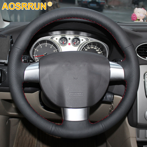 AOSRRUN negro de cuero cosido a mano protector para volante de coche para Ford Focus 2 2005-2010 3-con accesorios de coche ► Foto 1/3