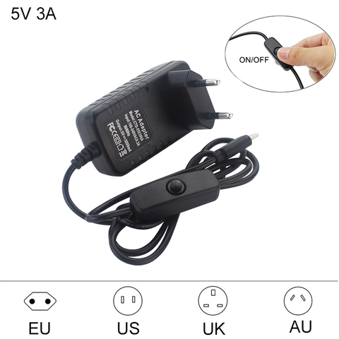 Adaptador USB, USB tipo C 5V 3A Raspberry Pi 4 adaptador/interruptor de cargador de energía de la UE nos UK AU enchufe cargador de energía para Raspberry Pi 4 ► Foto 1/6