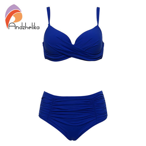 Andzhelika 2022 nuevos Bikinis sexis para mujer traje de baño con pliegues sólidos de talle alto conjunto de Bikinis de talla grande traje de baño Biquini ► Foto 1/6