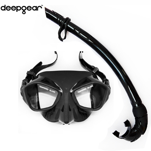 Deepgear-equipo de pesca submarina, máscara de pesca submarina de perfil bajo negro, esnórquel de silicona flexible, mascarilla de freediving y juego de esnórquel ► Foto 1/6