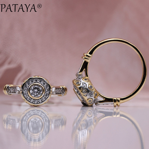 PATAYA nuevo 585 oro rosa encantador tallado anillos de circón Natural joyería de moda para mujer boda fina artesanía hueco redondo Anillo blanco ► Foto 1/6