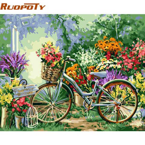 RUOPOTY marco DIY pintura por números bicicleta flores Kits pintura acrílica por números pintura al óleo pintada a mano para la decoración casera ► Foto 1/6