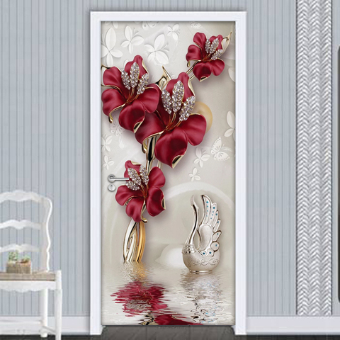 Pegatinas 3D de mariposa y flor roja para puerta, decoración moderna para el hogar, sala de estar, dormitorio, puerta, Mural de pared, papel tapiz ► Foto 1/6