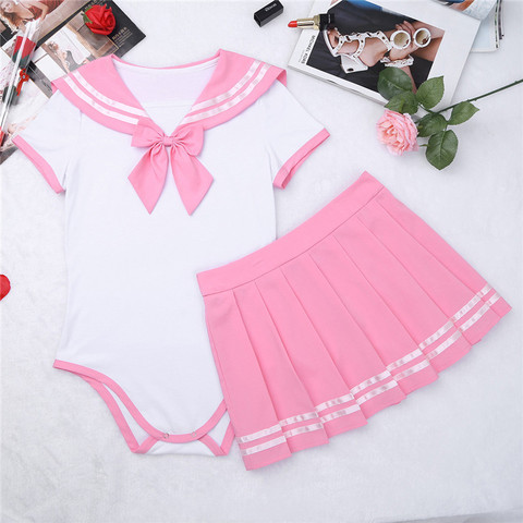 YiZYiF Cosplay Sexy pañal amante ABDL Snap entrepierna bebé mameluco mujeres traje de falda uniforme de colegiala Anime papel juego traje ► Foto 1/6