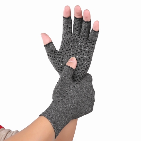 Los hombres y las mujeres guantes para artritis de algodón elástico mano artritis dolor de articulación de guantes terapia abierto dedos de compresión guantes gris ► Foto 1/6