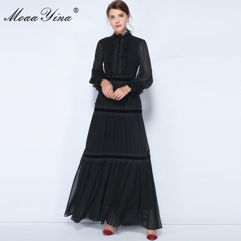 MoaaYina, vestido de diseñador de moda de primavera para mujer, manga acampanada, encaje fruncido, empalmado, informal, elegante, para fiesta, de gasa, vestidos Maxi ajustados ► Foto 1/6