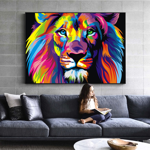 Pósteres e impresiones artísticos de León en acuarelas, lienzo de Animales abstractos, pinturas de pared artística, Cuadros para decoración para sala de estar ► Foto 1/6