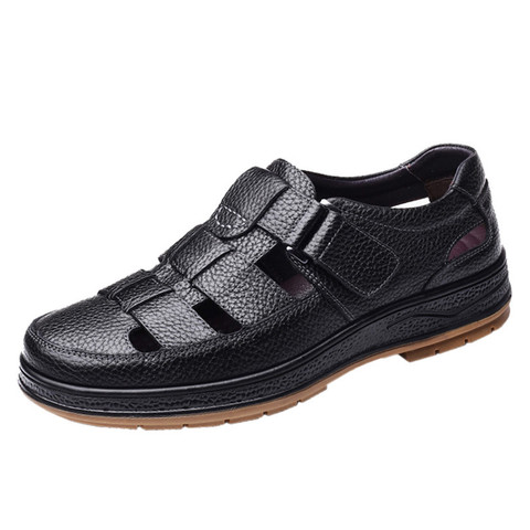 LIN KING-Sandalias clásicas de cuero genuino para hombre, zapatos informales de negocios calados, cómodos, sólidos, de verano al aire libre, para padre ► Foto 1/6