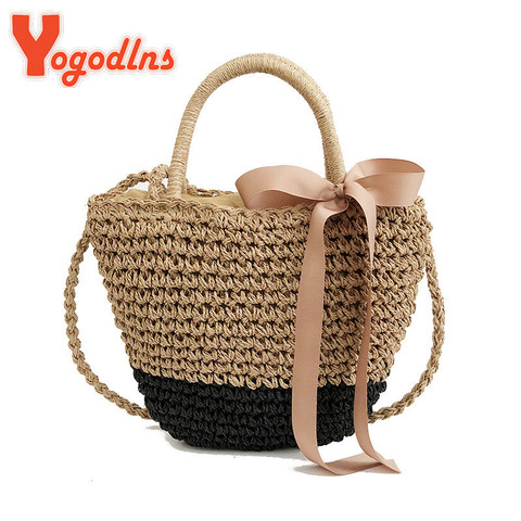 Yogodlns-Bolsos de paja hecho a mano, cintas con lazo, tejido de playa, bolso grande de hombro ► Foto 1/6