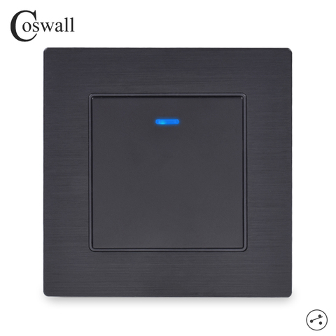 Coswall-Interruptor de luz de pared de 1 entrada y 2 vías, indicador LED conmutado, de paso a través, marco de Metal de aluminio negro ► Foto 1/4