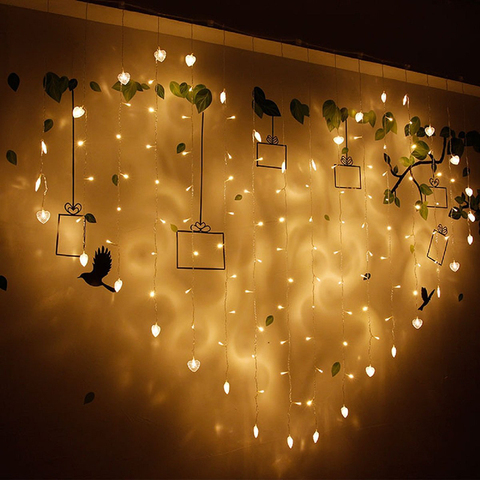 Tira de luces LED con forma de corazón, decoración para fiesta de boda, cortina, carámbanos, 2x1,5 m, 128led, EU, 220V ► Foto 1/1