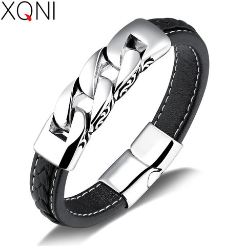 XQNI minimalista Acero inoxidable Color negro pulsera de cuero genuino para hombres patrón de geometría Punk estilo regalo de cumpleaños ► Foto 1/6