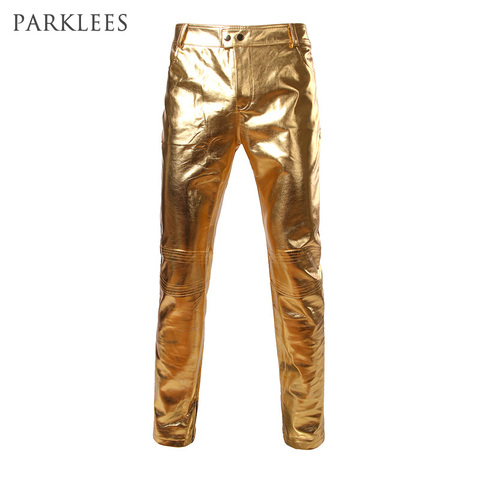 Pantalones de cuero PU para motocicleta para hombre, pantalones ajustados de marca, color negro dorado plateado brillante, pantalón para discoteca, pantalón para escenario para cantantes y bailarinas ► Foto 1/6