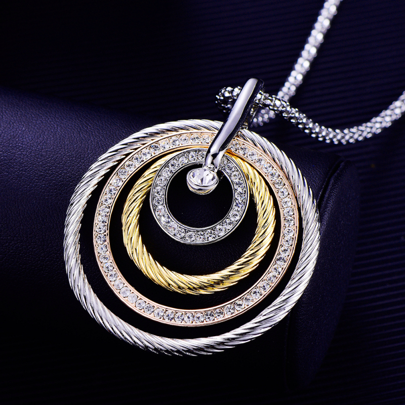Collar Largo De 75cm Para Mujer Con Colgante Circular De Cristal - Opciones Dorado/plateado, Zirconia Cúbica