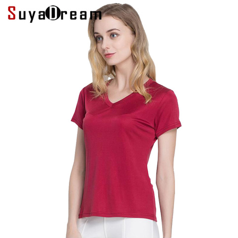 SuyaDream-Camiseta de seda para mujer, camisa de manga corta de seda Natural, cuello en V sólido, Blanco nuevo, negro, 2022 ► Foto 1/6