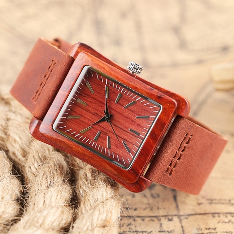 Creativo rectángulo Dial reloj de madera hecho a mano Natural Luz de bambú de los hombres de la moda de las mujeres Casual de cuarzo reloj de pulsera de cuero genuino regalo ► Foto 1/6