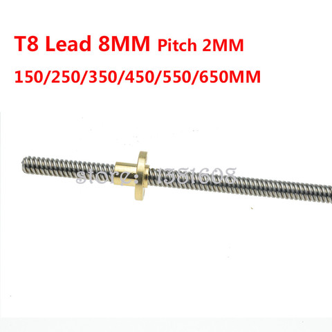 1 unid T8 plomo tornillo OD 8mm Paso 2mm a 8mm longitud 150/250/350/450/550/650mm con tuerca de latón para 3D impresora y CNC ► Foto 1/5