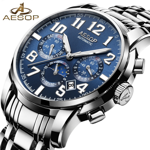Moda AESOP-Reloj de pulsera para hombre, resistente al agua, automático, mecánico, a prueba de golpes, color azul ► Foto 1/6