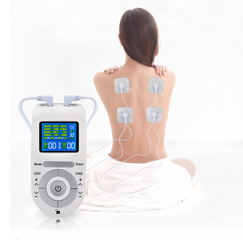 Electroestimulador EMS, máquina masajeadora de 4 almohadillas electrodos para aliviar el dolor, estimulación muscular por pulsos, 12 modos ► Foto 1/6