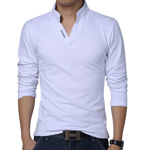 Polos de manga larga con cuello en V para hombre, POLO de algodón con soporte de ocio y cuello de pico, Color puro, S-5XL talla grande, 2022 ► Foto 1/6