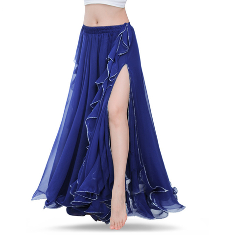 Azul real faldas de danza del vientre Oriental Doble alto aberturas traje danza del vientre falda para las mujeres, falda de danza del vientre (sin cinturón) ► Foto 1/6