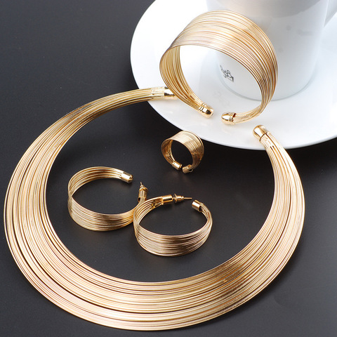 Moda Dubai conjuntos de joyas de oro exagerada línea de oro collar conjunto de regalo de boda africano Nigeria joyería para las mujeres ► Foto 1/6