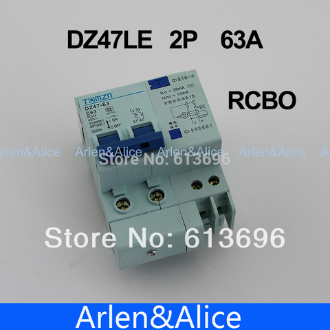 Disyuntor de corriente Residual con protección contra sobrecorriente y fugas RCBO, DZ47LE 2P 63A 230V ~ 50HZ/60HZ ► Foto 1/1