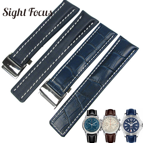 Calfskin-correas de cuero para Breitling, pulsera de cuero de 20mm, 22mm y 24mm, correa negra, marrón y azul para hombre ► Foto 1/6