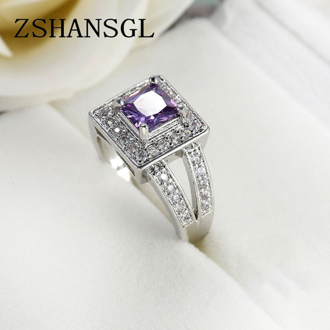 Anillo de Plata de Ley 925 para mujer, sortija de compromiso de lujo con zirconia cúbica púrpura, color púrpura, para boda ► Foto 1/5