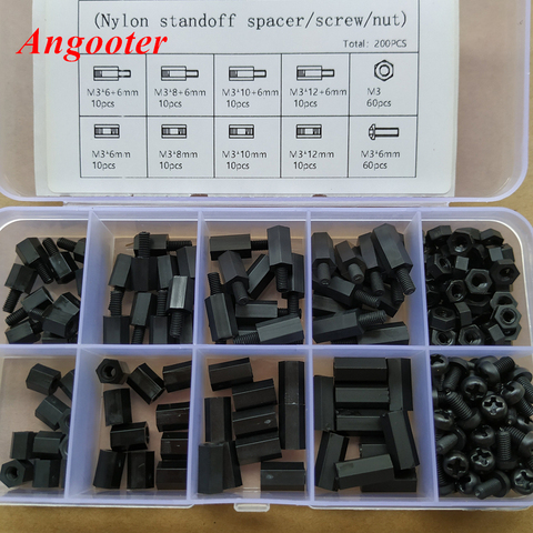 200 piezas M2 M2.5 M3 negro hexagonal nylon separador columna para placa base PCB tornillos de espaciado de plástico fijo tuerca hexagonal mezcla de cajas ► Foto 1/3