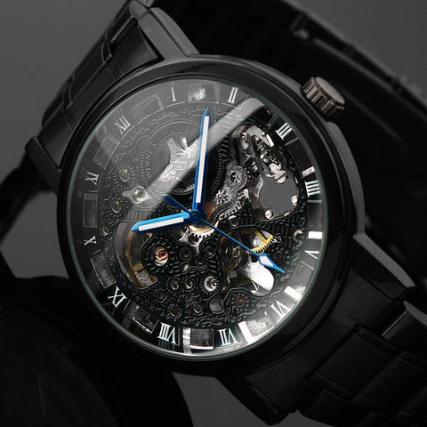2022 nuevo reloj de pulsera de esqueleto negro para hombre, relojes mecánicos de esqueleto automático Steampunk de estilo antiguo de acero inoxidable para hombre ► Foto 1/5