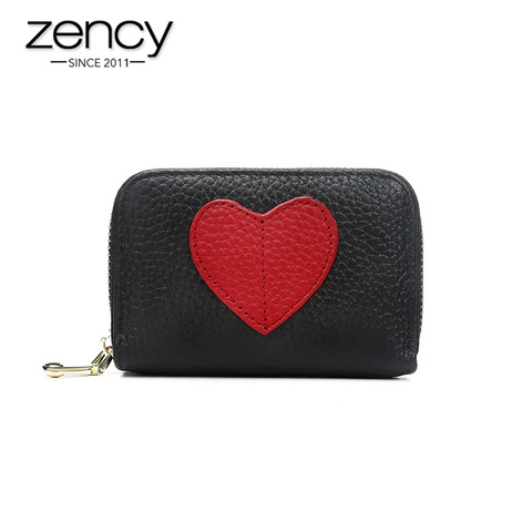 Zency-Mini cartera corta de piel auténtica con forma de corazón para mujer, monedero informal, tarjetero, negro y rojo ► Foto 1/6