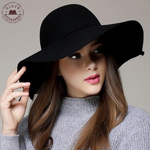 Chapeau-gorro Fedora de ala ancha para mujer, gorro de lana flexible de gran oferta, color negro ► Foto 1/6